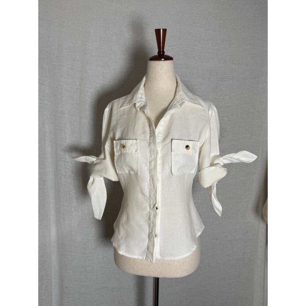 CH Carolina Herrera White Flare Sleeve Tie-Knot Utility Blouse Shirt Linen
8